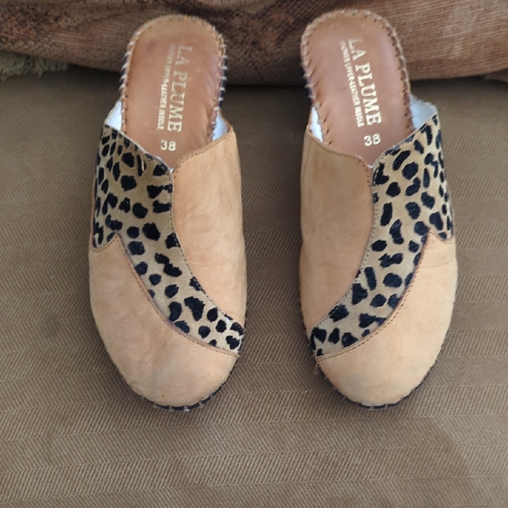 Tan and Black Animal Print Mules with Suede Finish
